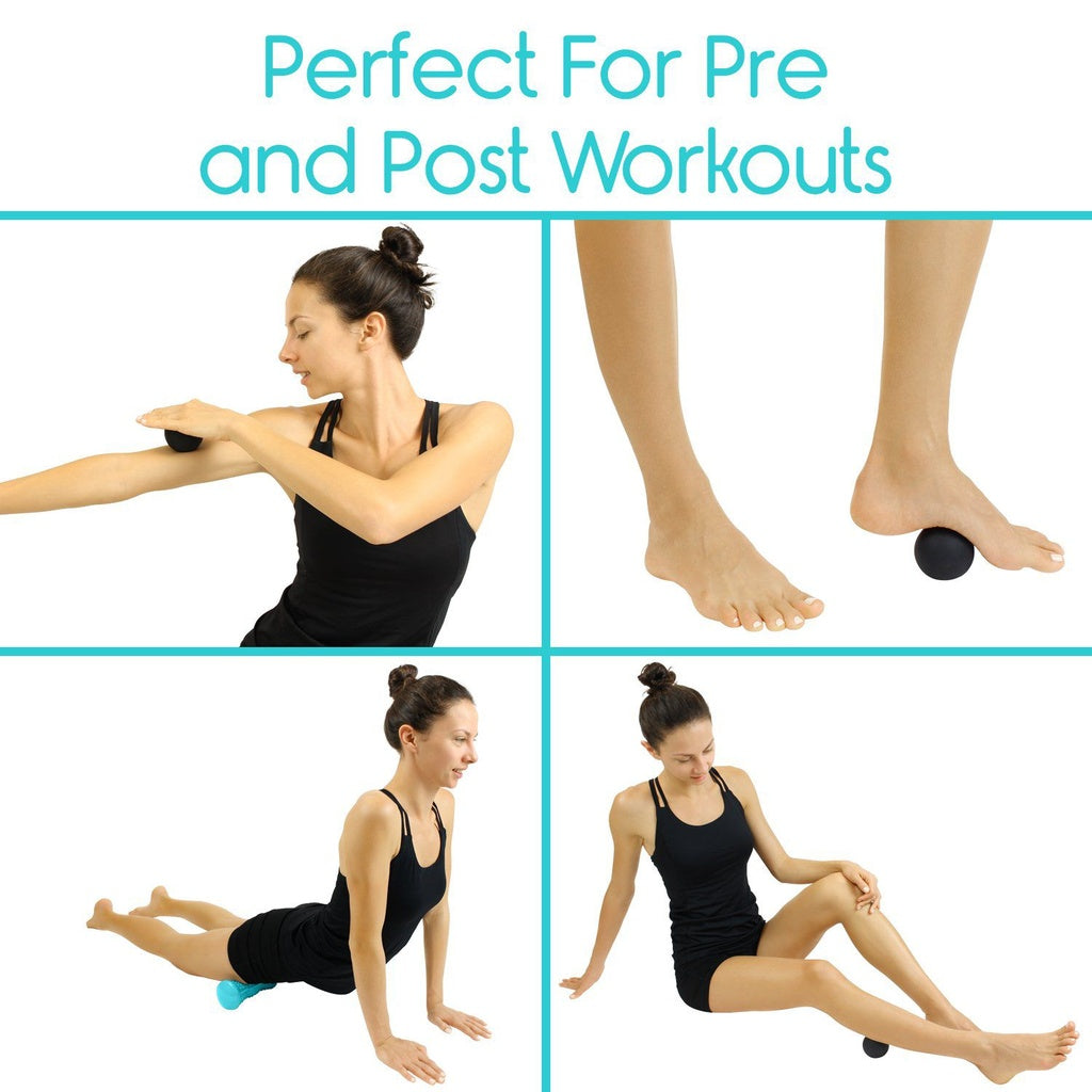 Woman using a massage ball for pre and post workouts with text 'Perfect For Pre and Post Workouts'.