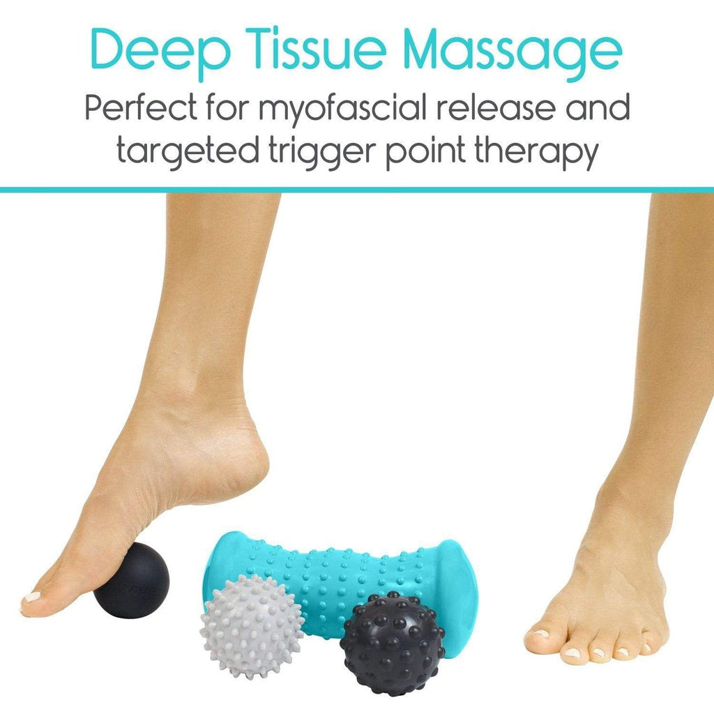 Turquoise massage roller with textured balls on a white background, labeled for deep tissue massage.