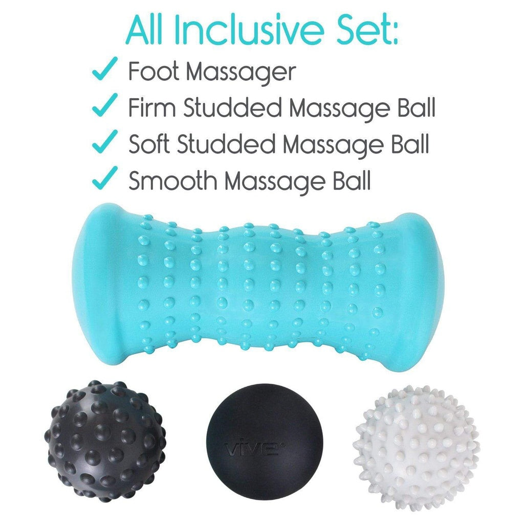 Set of massage balls and roller with text indicating 'All Inclusive Set' on a white background.