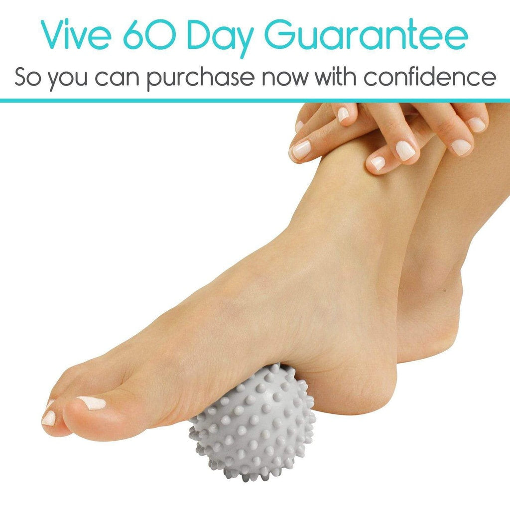 Person using a foot massager with text about a 60-day guarantee on a white background