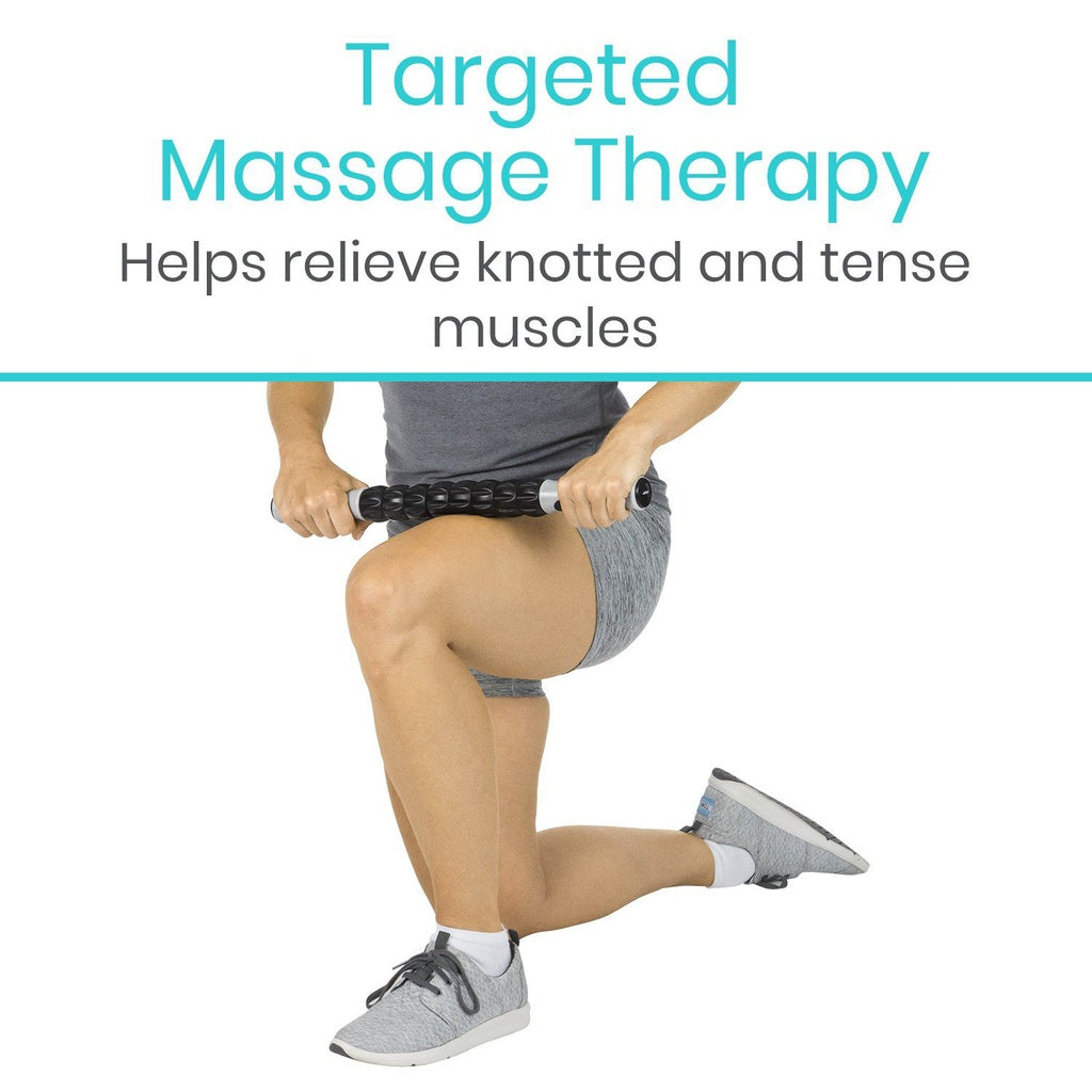 Person using a massage roller with text about targeted massage therapy on a white background