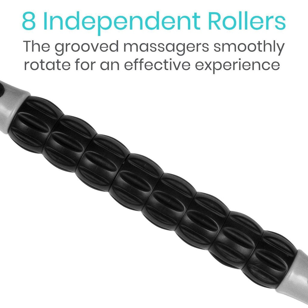 Black handheld massager with grooved rollers on a white background