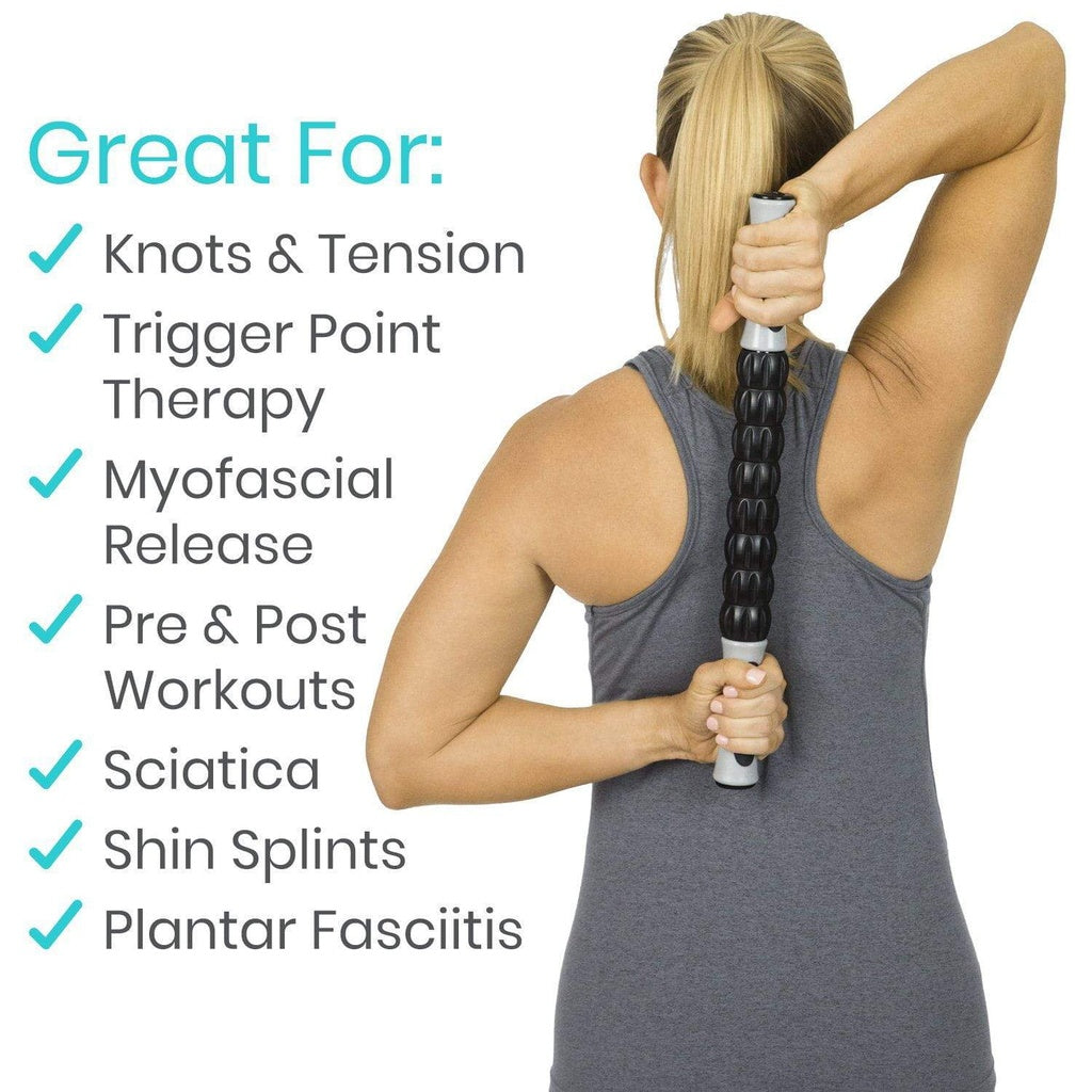 Person using a massage roller with text highlighting its uses on a white background