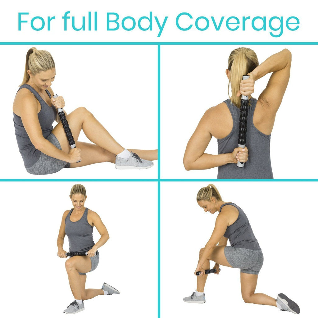 Woman using a roller for full body coverage in four different poses.