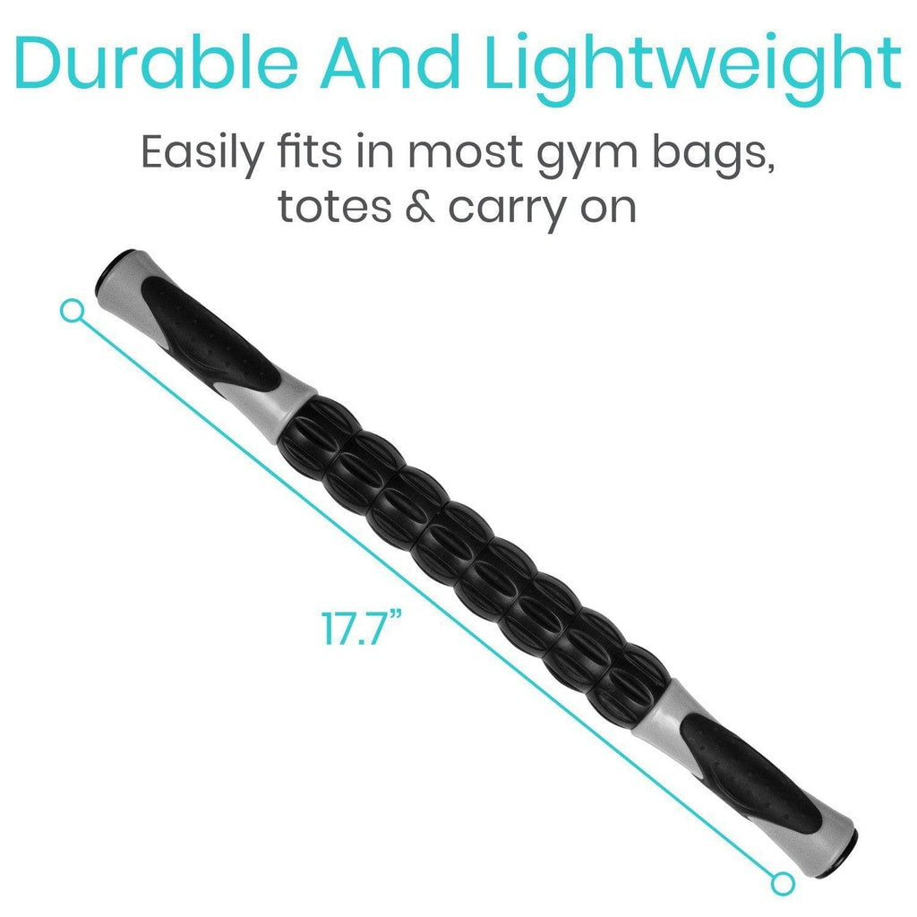 Black and silver handle with text about durability, weight, and fitting in bags on a white background