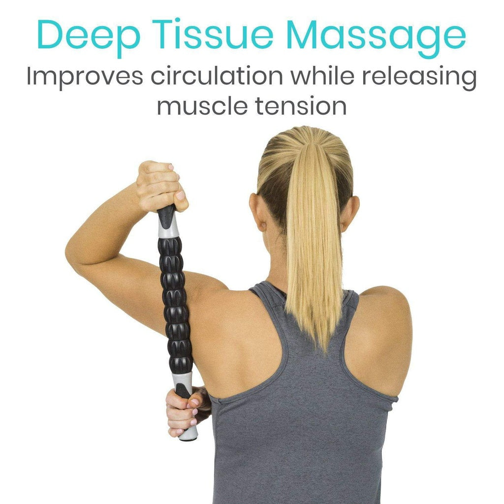 Woman using a deep tissue massage tool with text about its benefits on a white background
