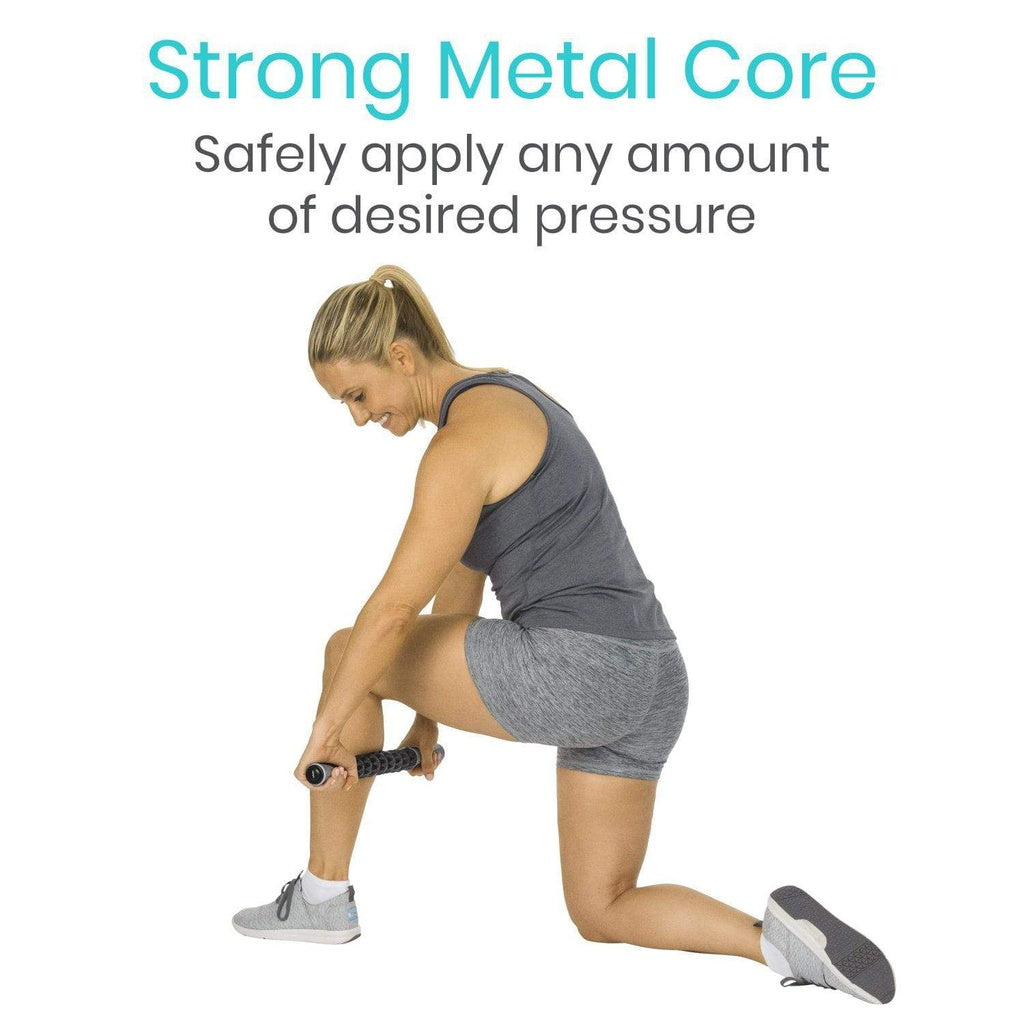 Woman exercising with a resistance band on a white background, with text about a 'Strong Metal Core'.