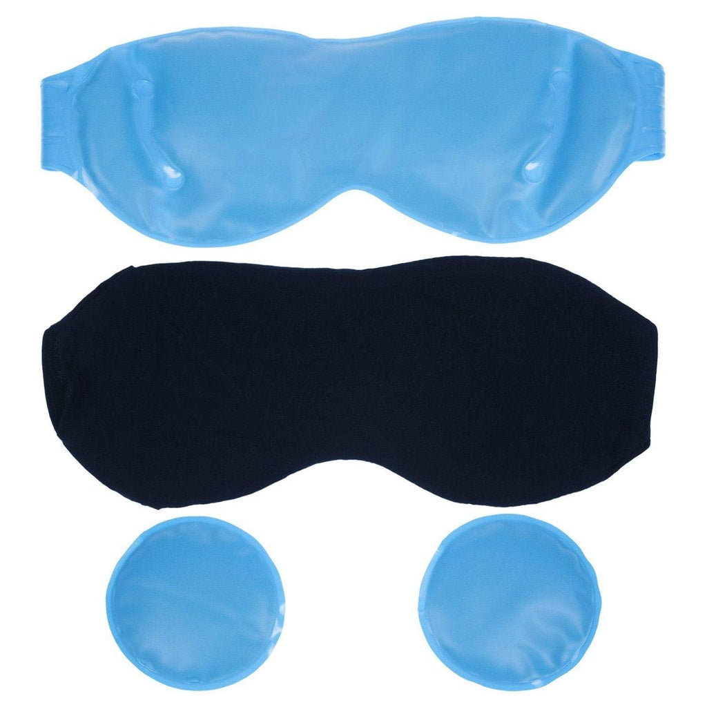 Blue eye mask and gel packs on a white background