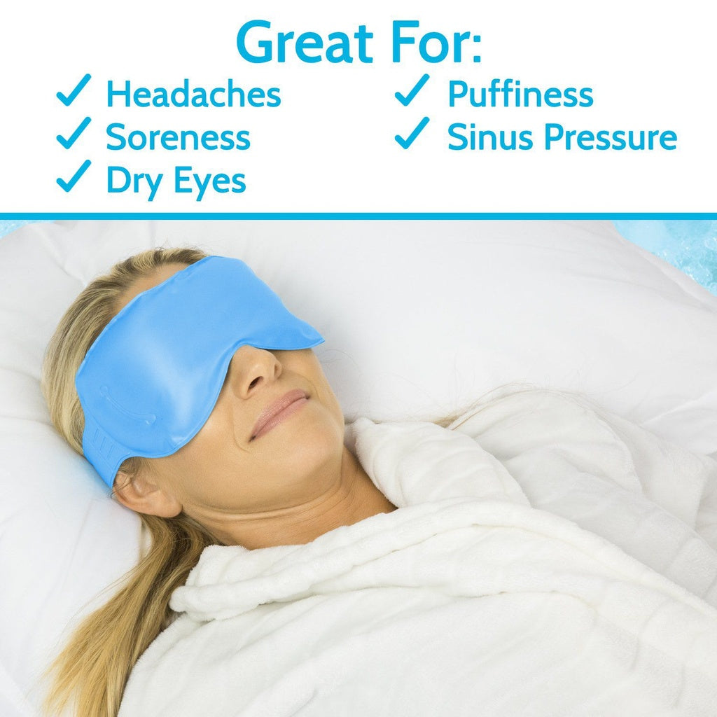 Woman wearing a blue sleep mask with text indicating its benefits on a white background