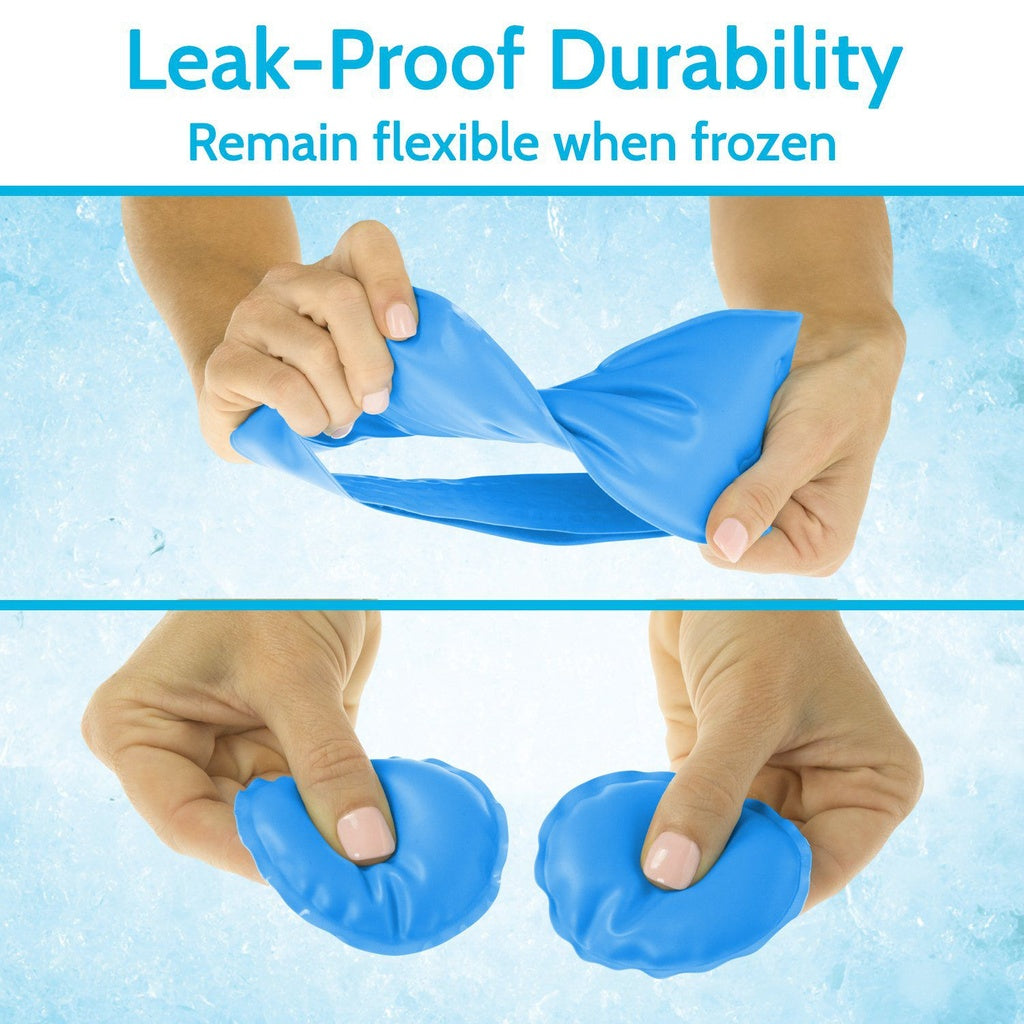 Blue ice cube tray being squeezed by hands with text about leak-proof durability and flexibility when frozen.