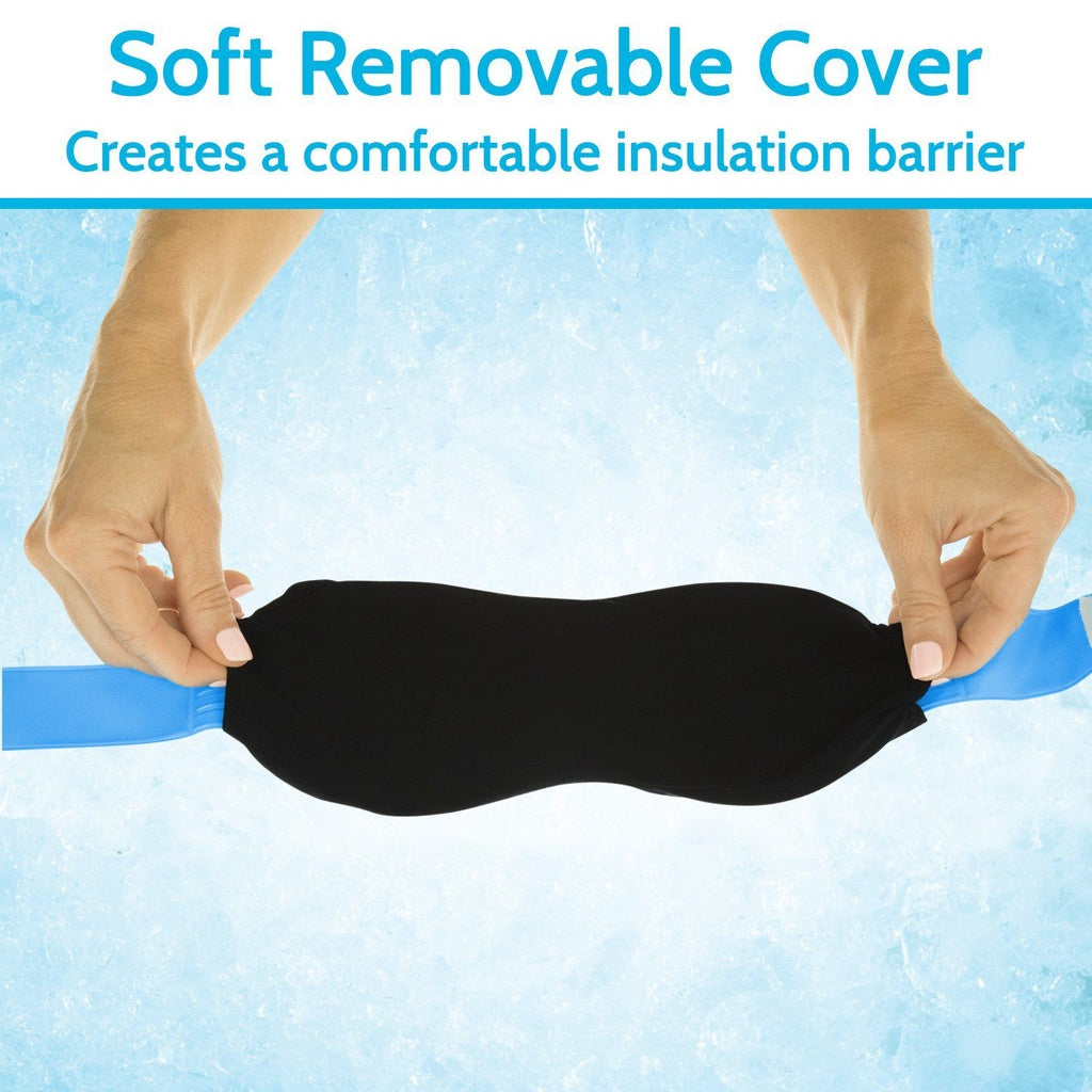 Black soft removable cover being held by hands with a blue background