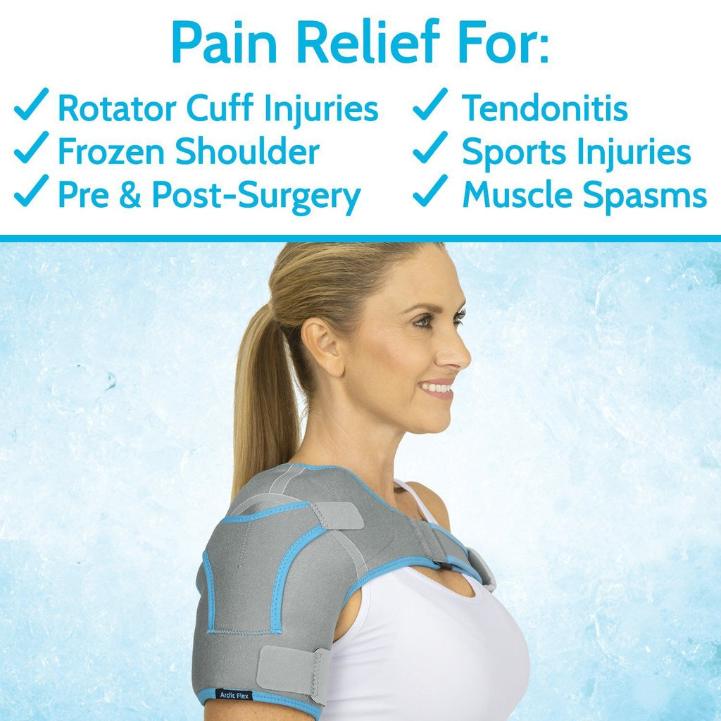 Woman wearing a shoulder brace with text on pain relief for various conditions on a light blue background