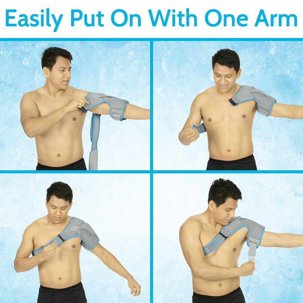 Step-by-step demonstration of a person putting on a shoulder brace with text 'Easily Put On With One Arm' at the top.