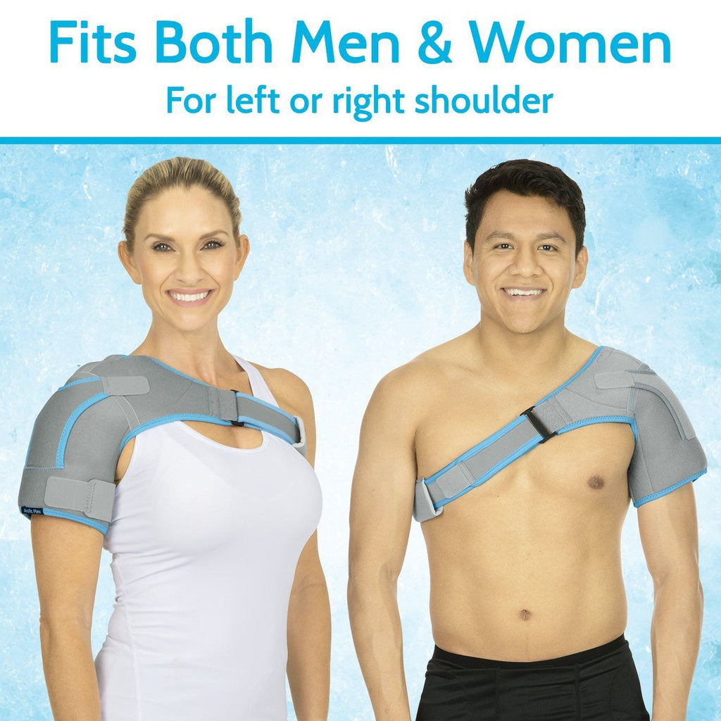 Two people wearing shoulder braces with text indicating compatibility for men and women.