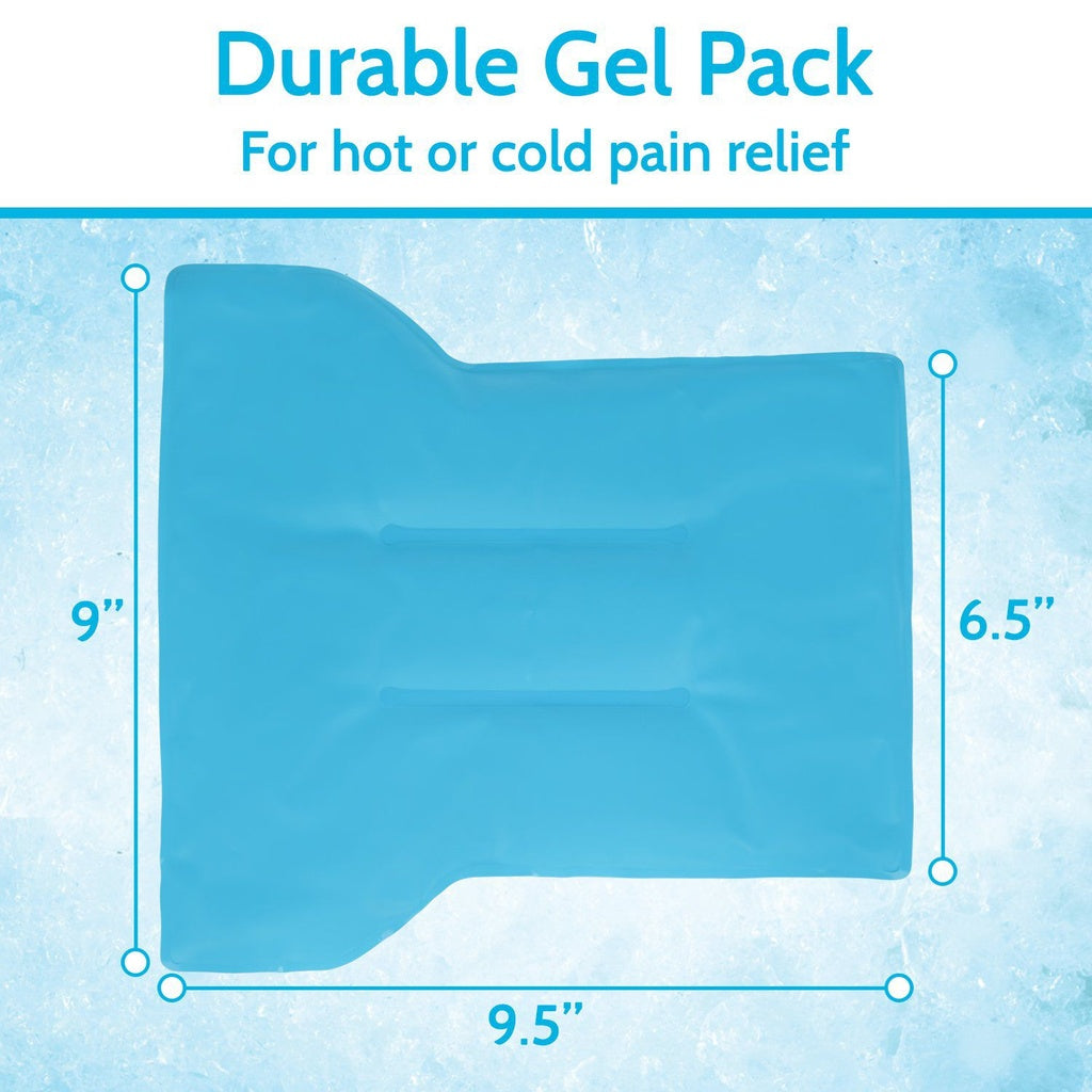 Blue gel pack for hot or cold pain relief with dimensions on a blue background