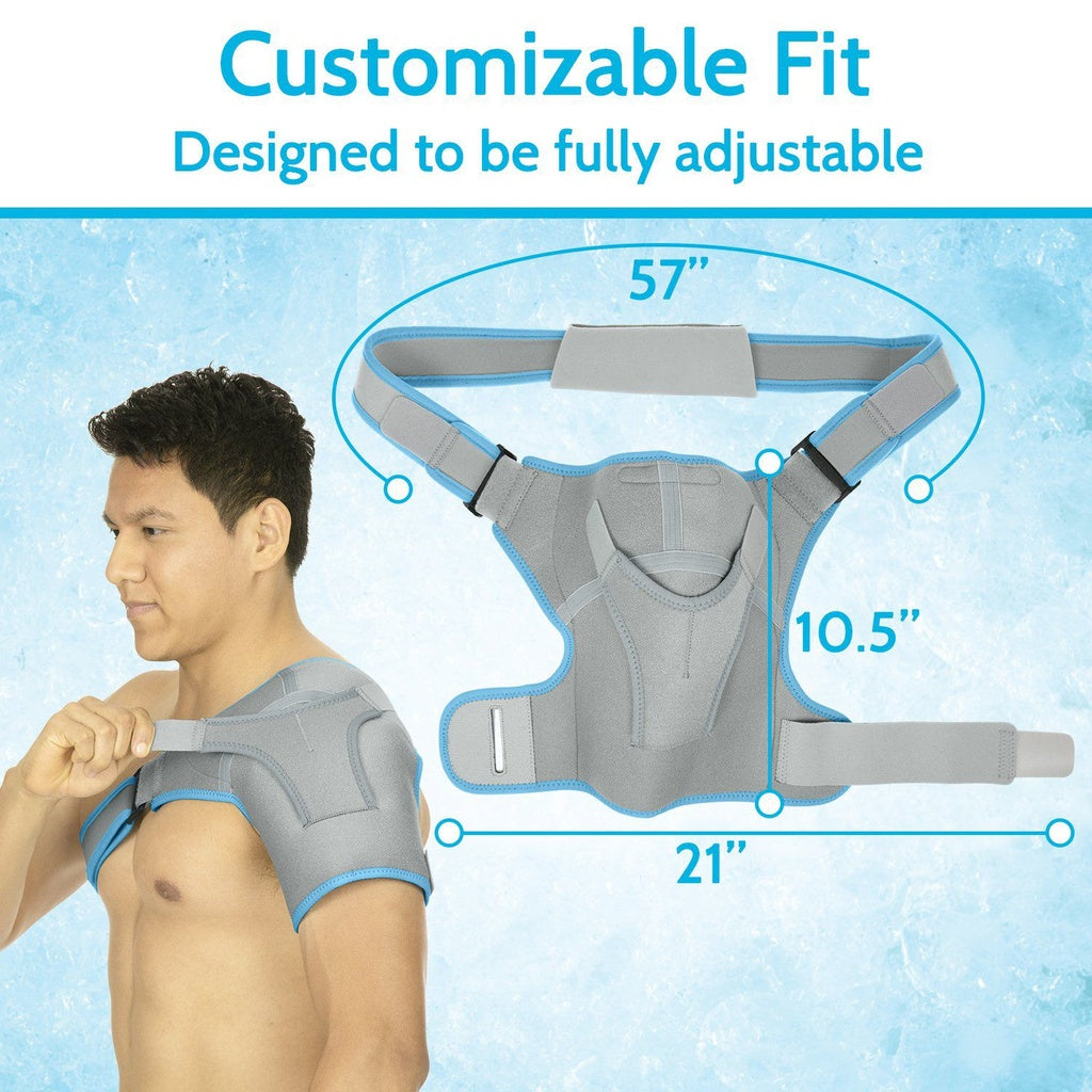 Gray shoulder brace with adjustable measurements on a blue background, featuring text 'Customizable Fit' and 'Designed to be fully adjustable'.