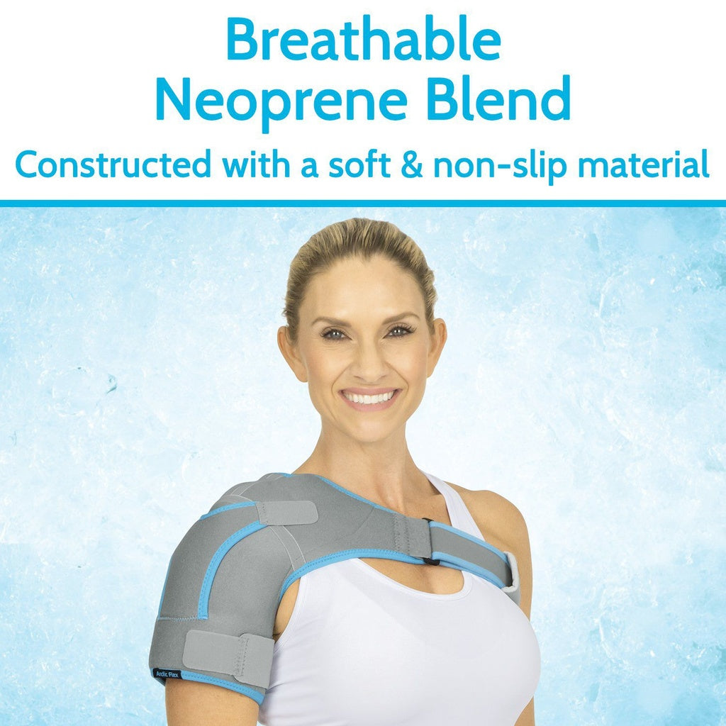 Woman wearing a shoulder brace with text about breathable neoprene blend on a blue background