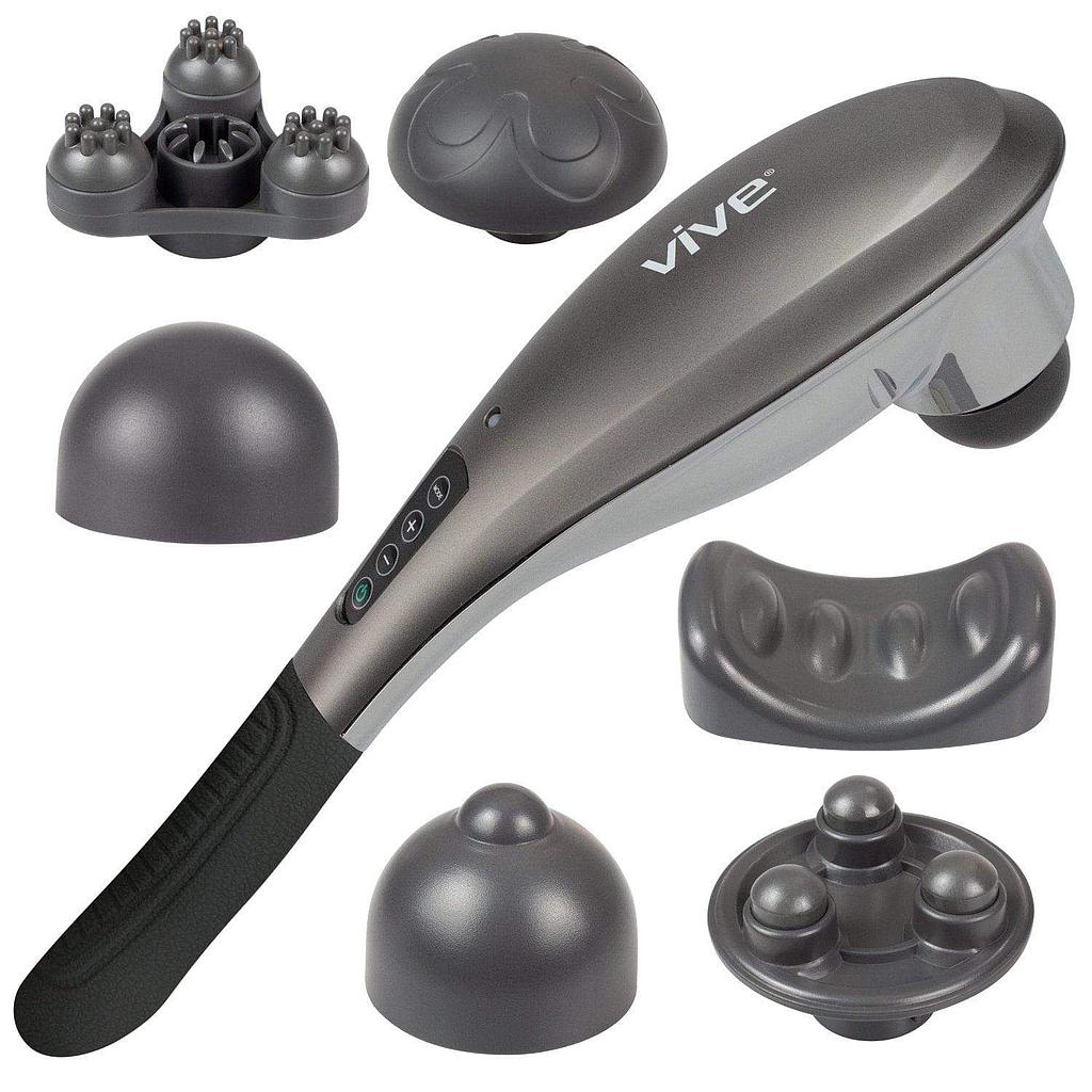 Vive massage gun with various attachments on a white background
