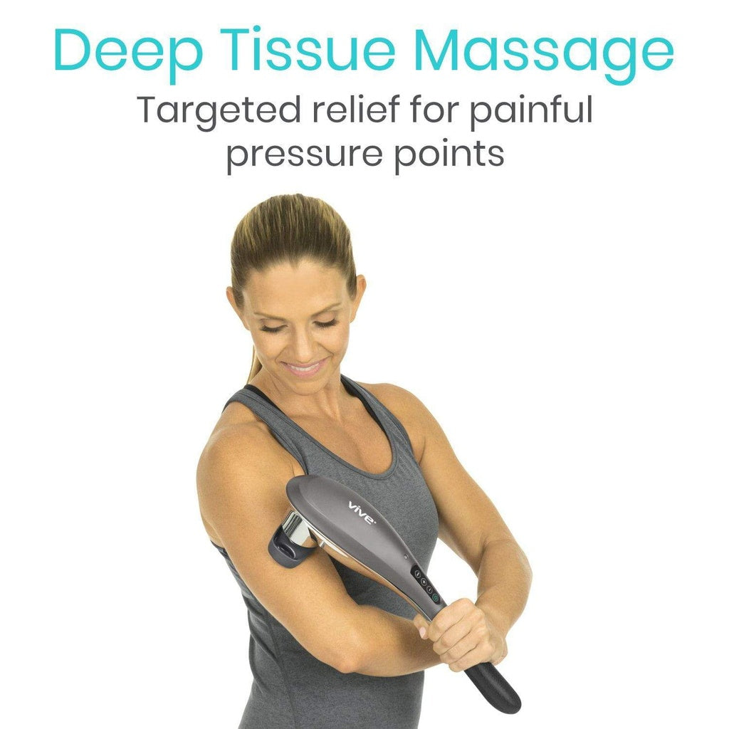 Woman using a Vive deep tissue massage device on her arm with text about targeted relief for painful pressure points.