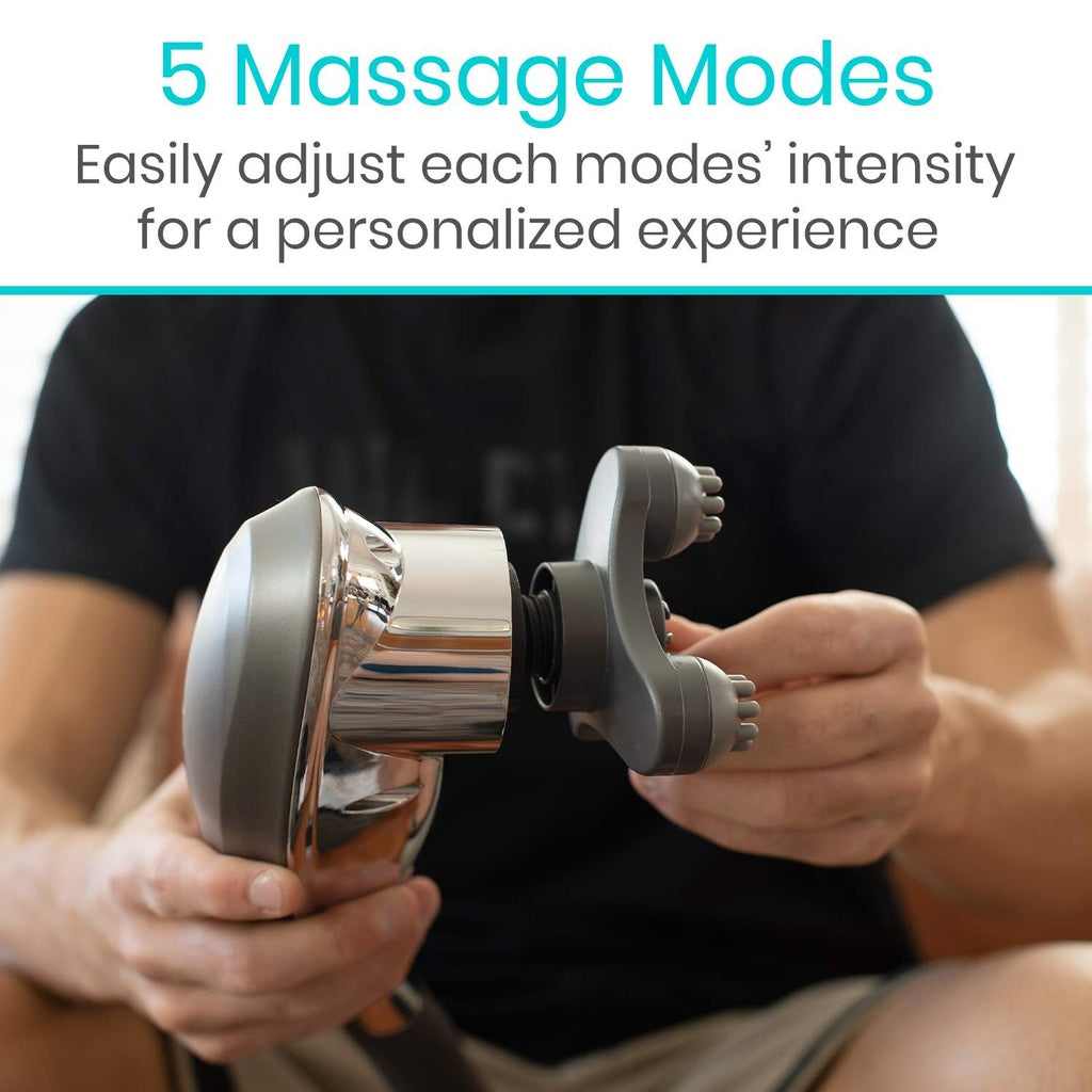 Person holding a massage device with text about 5 massage modes and intensity adjustment.