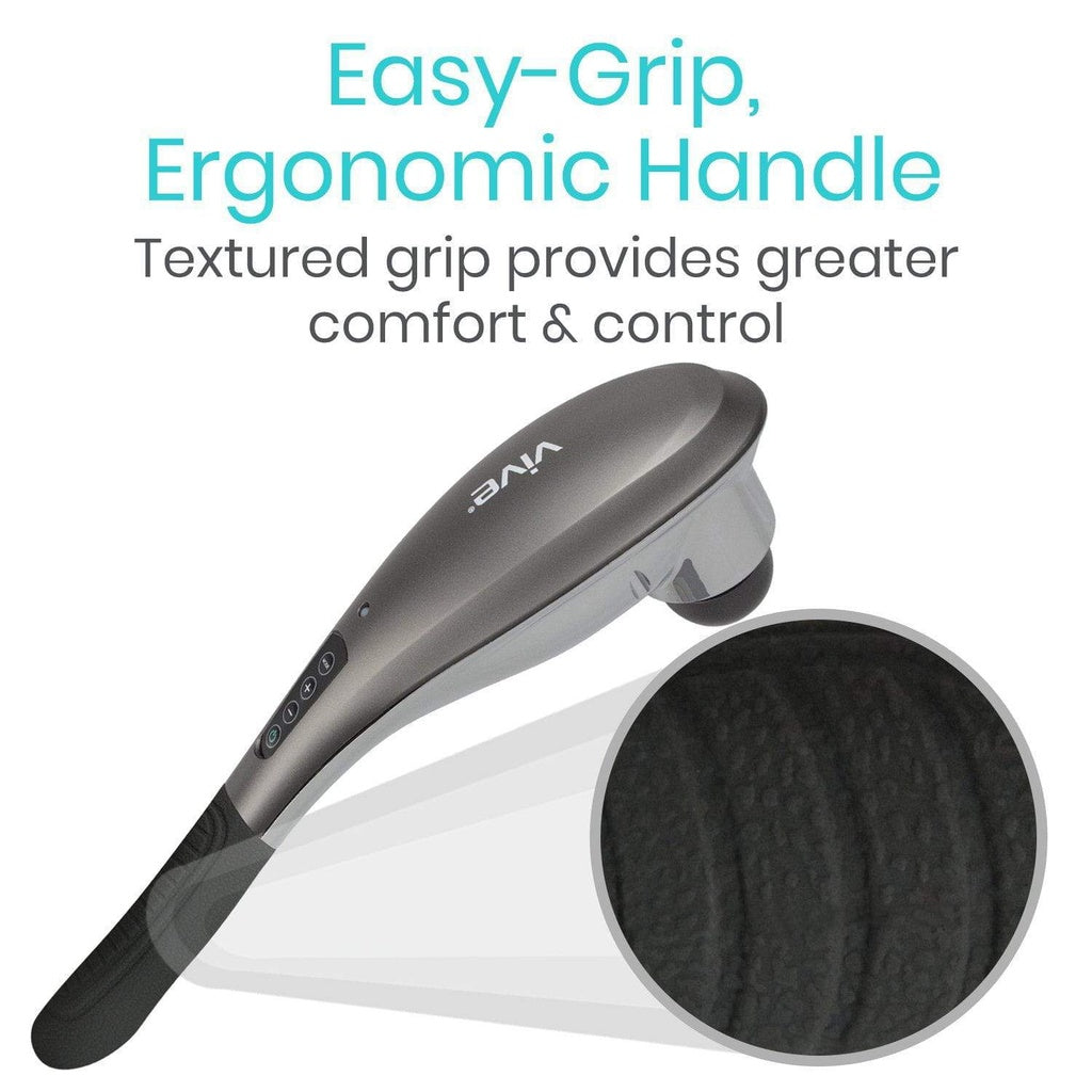 Ergonomic handle with textured grip and text highlighting comfort and control on a white background