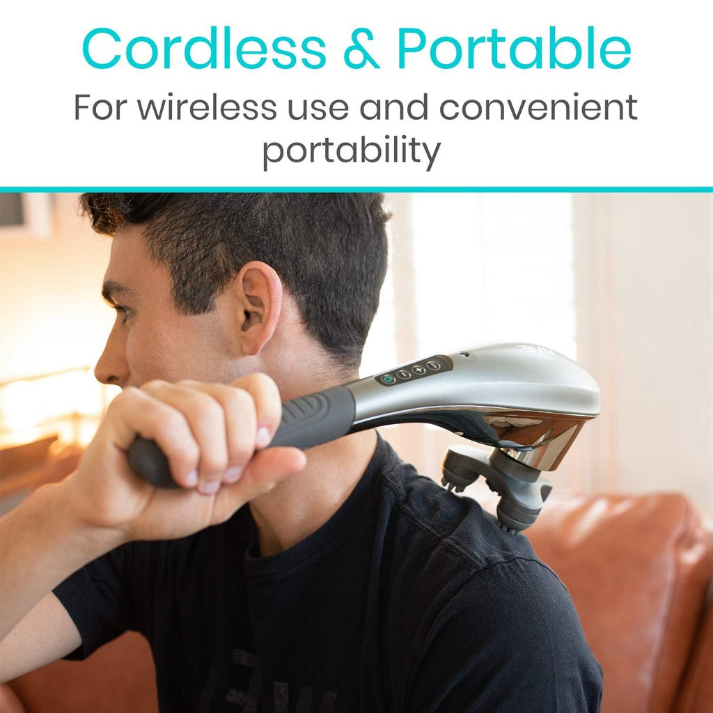 Man using a cordless handheld device with text about wireless use and portability.