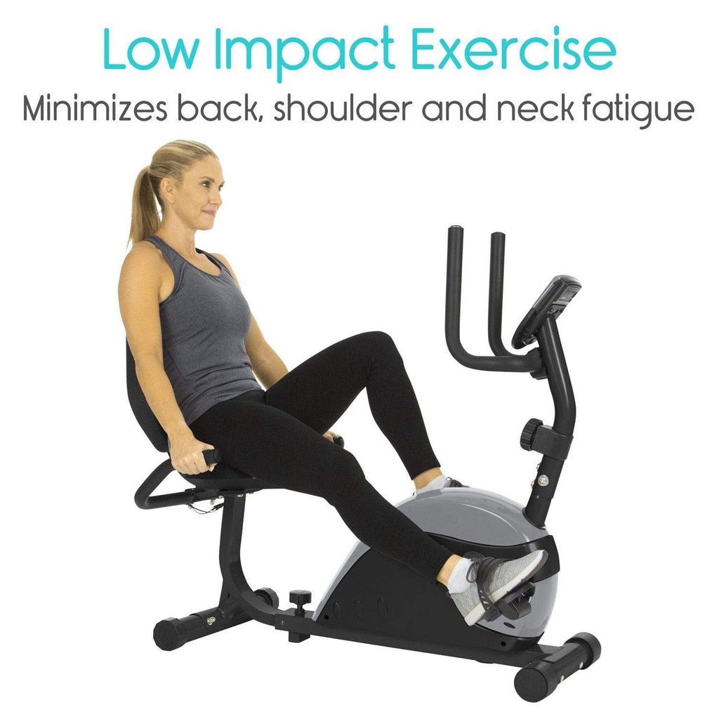 Woman exercising on a magnetic elliptical trainer with text about low impact exercise benefits.