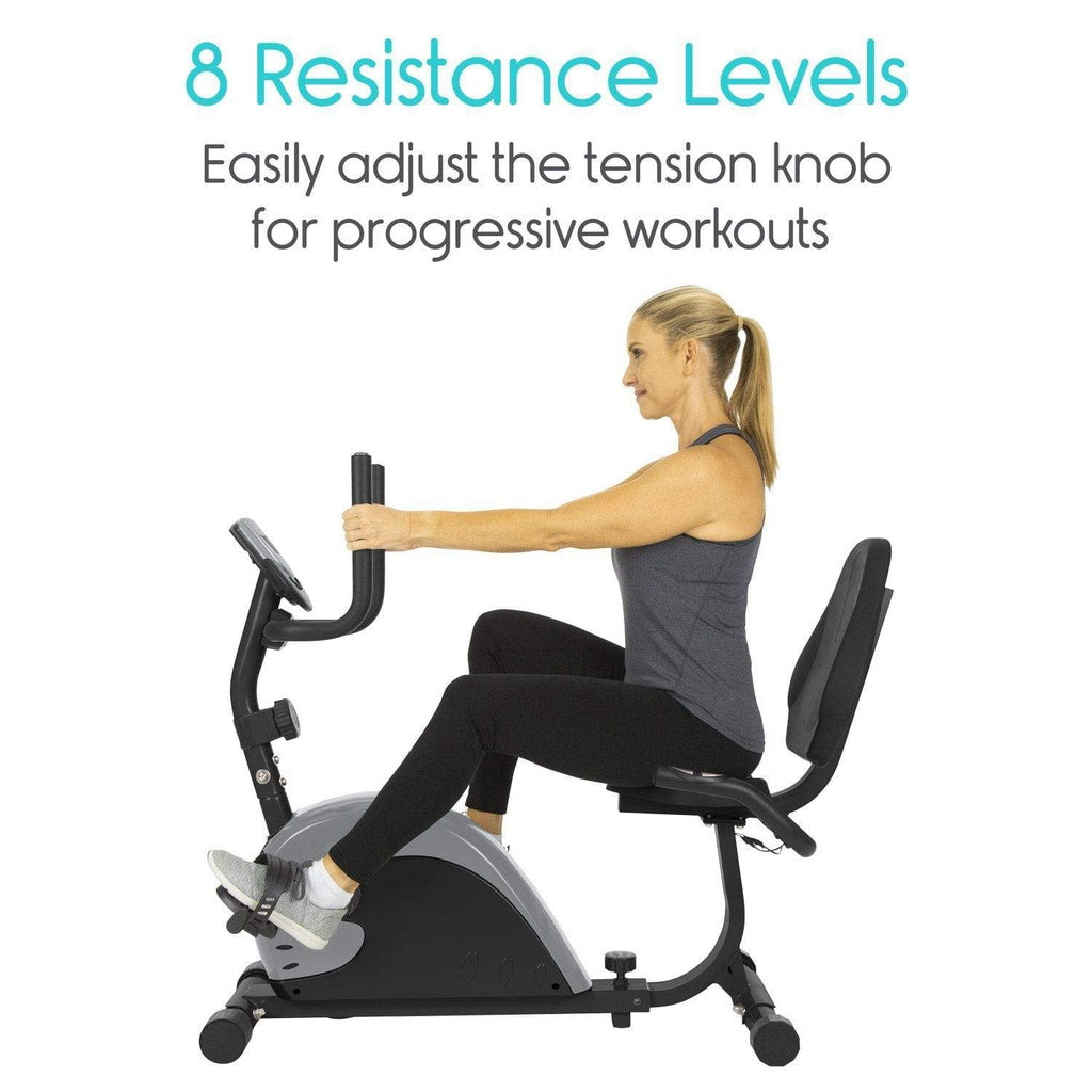 Woman exercising on a stationary bike with text about resistance levels and adjustable tension knob.