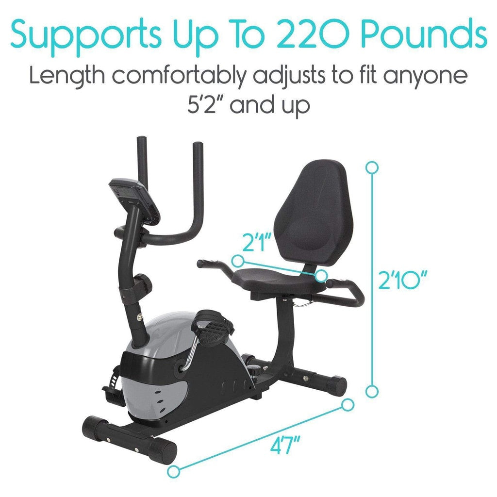 Exercise bike with adjustable seat and dimensions on a white background
