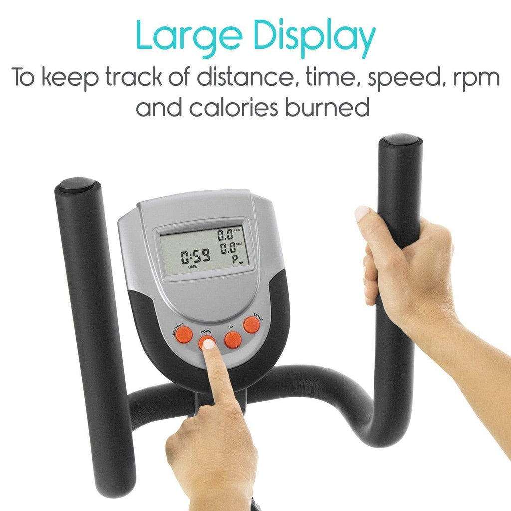 Exercise bike with digital display showing distance, time, speed, rpm, and calories burned.