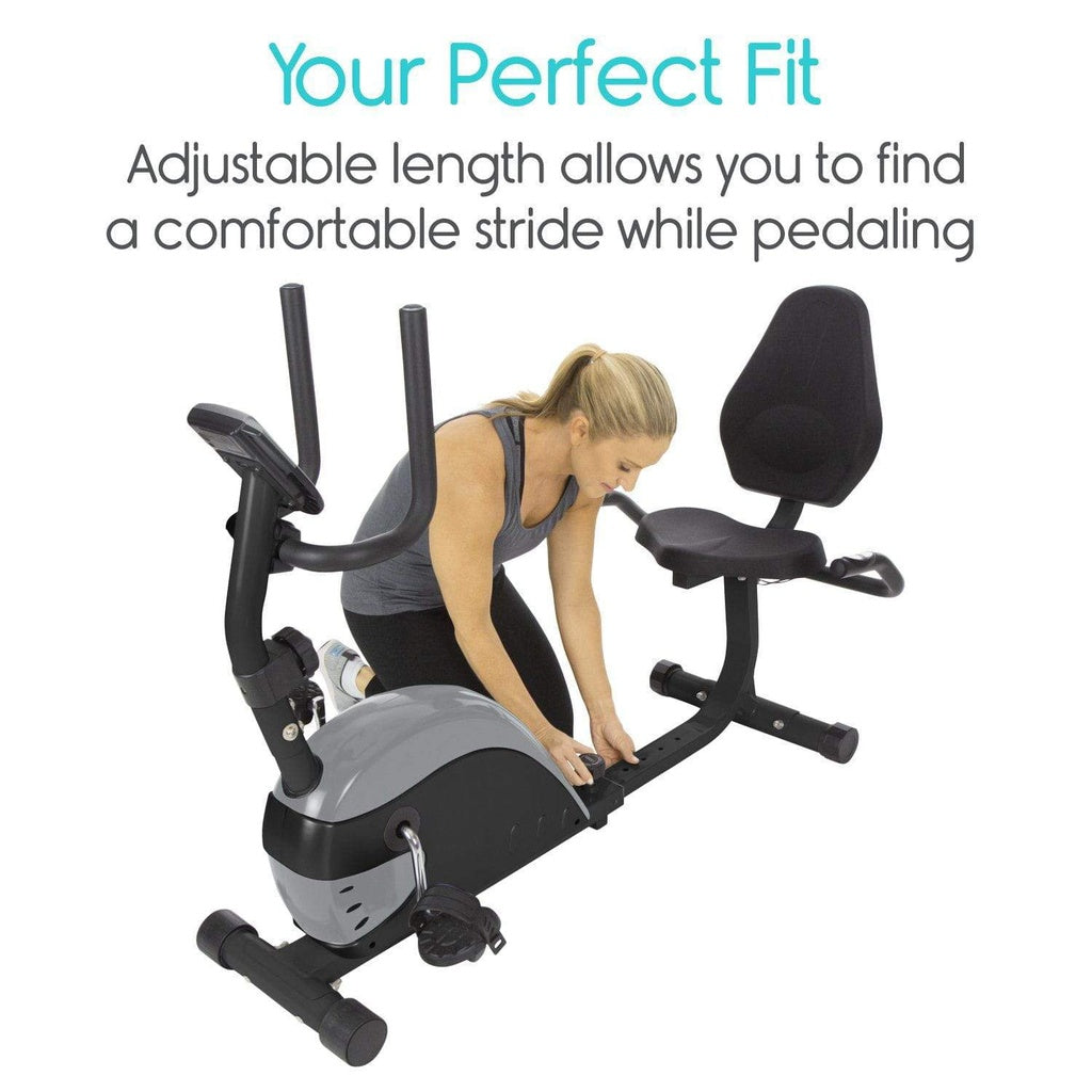 Woman using an exercise bike with text about adjustable length and comfort