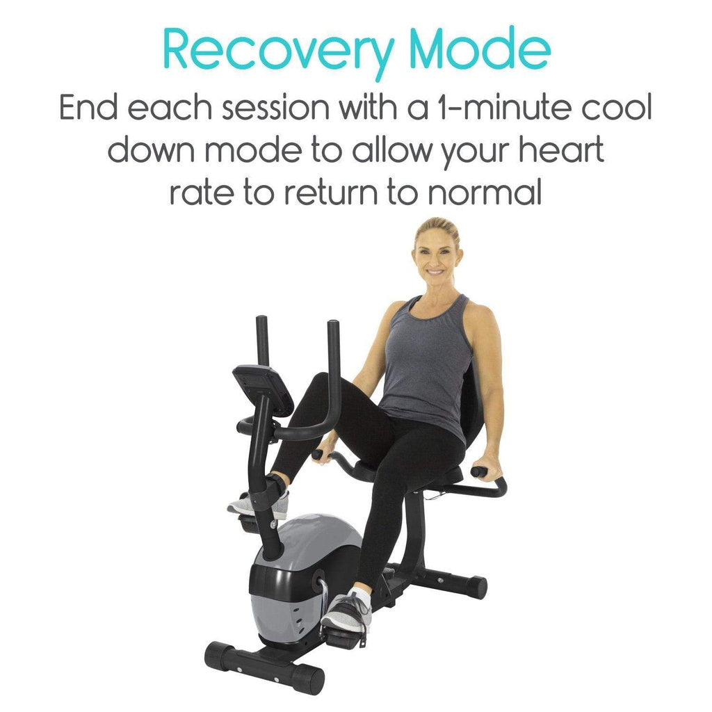 Woman using a exercise bike with text about recovery mode on a white background
