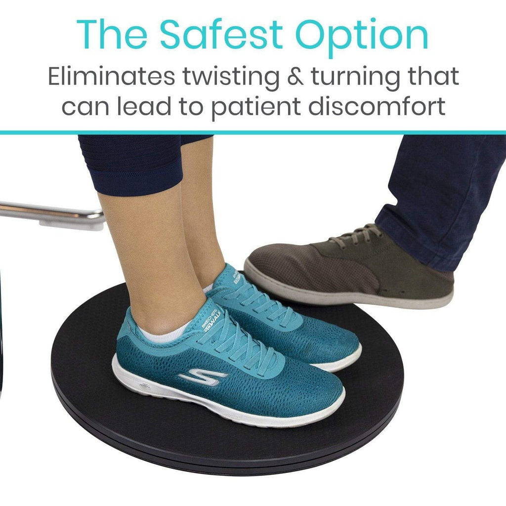 Person using a black step platform with text about patient comfort