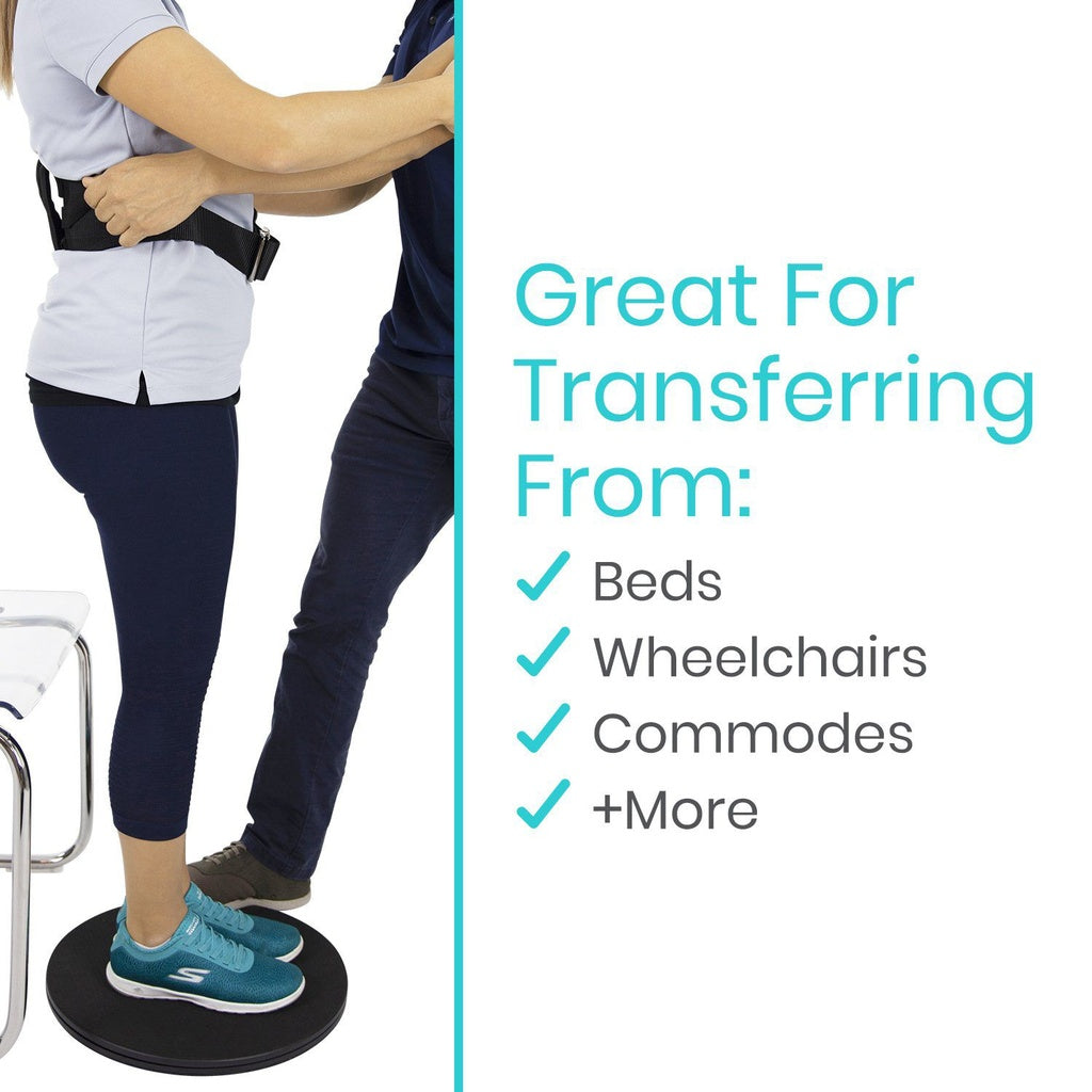 Person using a transfer board with text indicating its use for transferring from beds, wheelchairs, and commodes.
