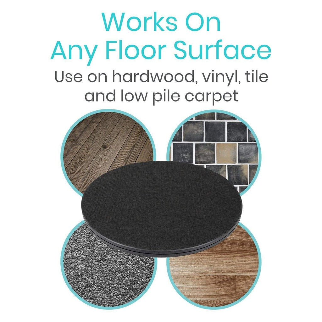 Black mat with text indicating it works on various floor surfaces including hardwood, vinyl, tile, and low pile carpet.