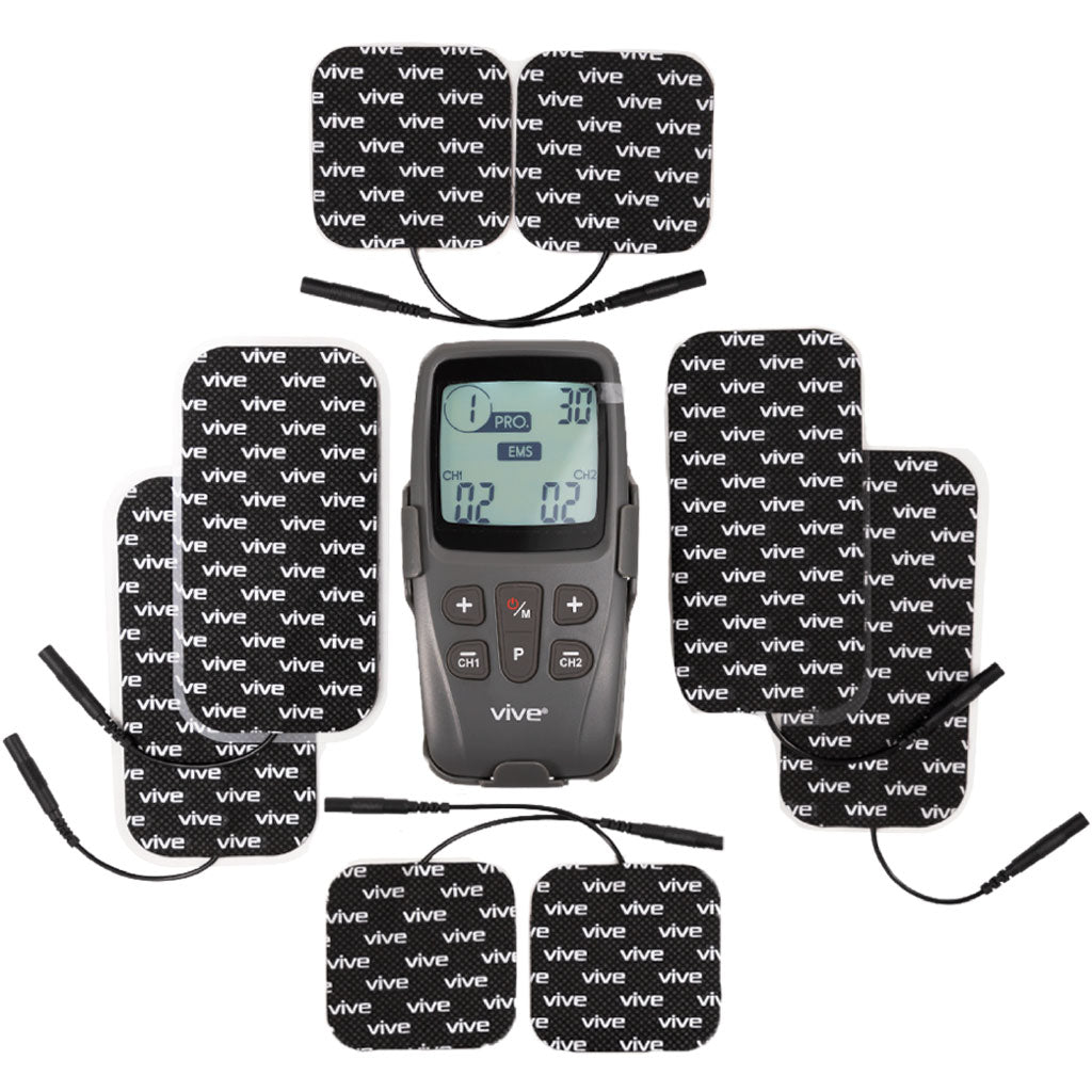 Electrotherapy device with patches labeled 'Vive' on a white background