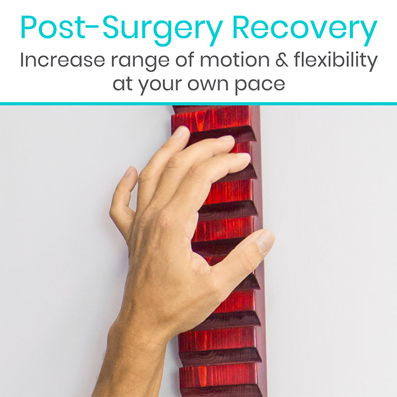 Hand using a red therapy device with text about post-surgery recovery on a white background