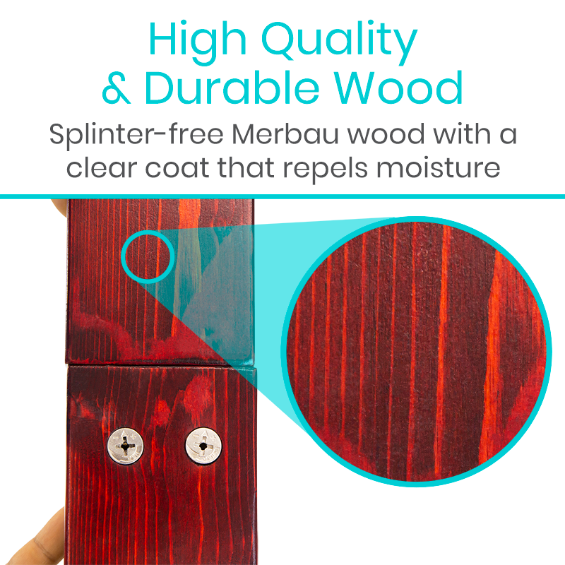 Wooden product with Merbau wood and clear coat, highlighting durability and moisture resistance.