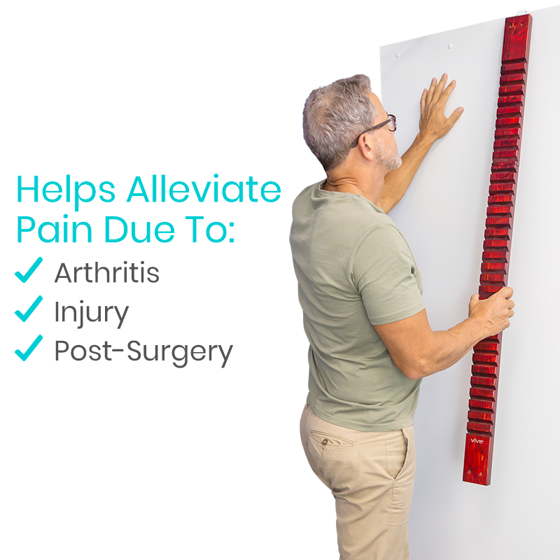 Man using a red and white device on a white background with text about pain relief.