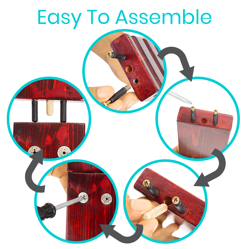 Step-by-step assembly process of a red wooden product with text 'Easy To Assemble'.