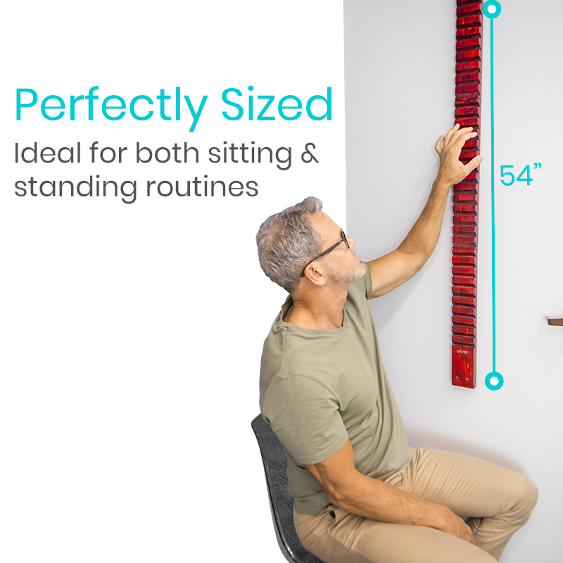 Man measuring a wall-mounted product with text indicating it's 'Perfectly Sized' for sitting and standing routines.