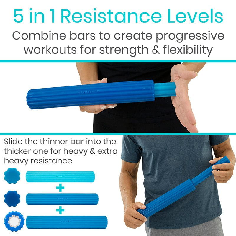 Blue resistance bar with 5 adjustable levels for strength and flexibility exercises.