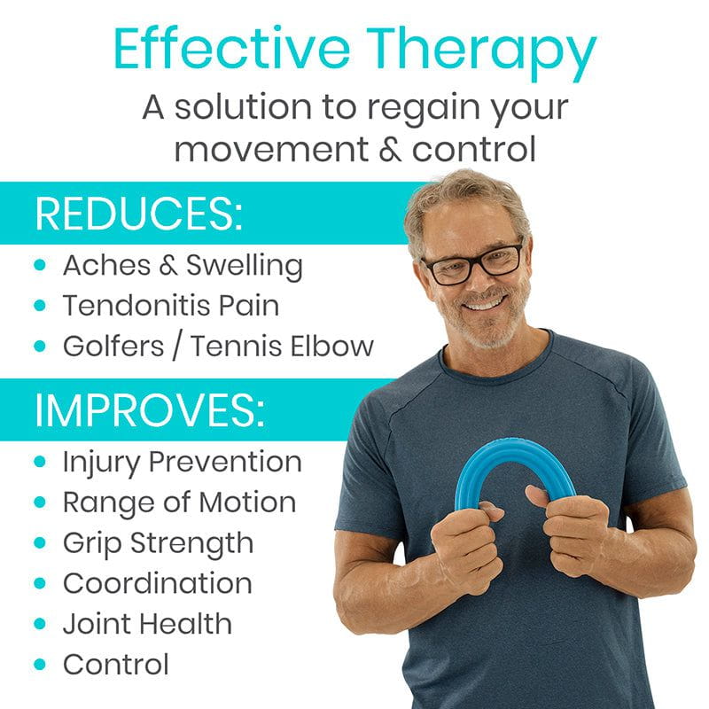 Man holding a blue therapy device with text about effective therapy solutions on a white background