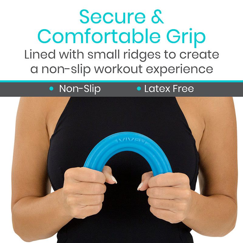 Person holding a blue exercise ring with text about secure grip, non-slip surface, and latex-free material.