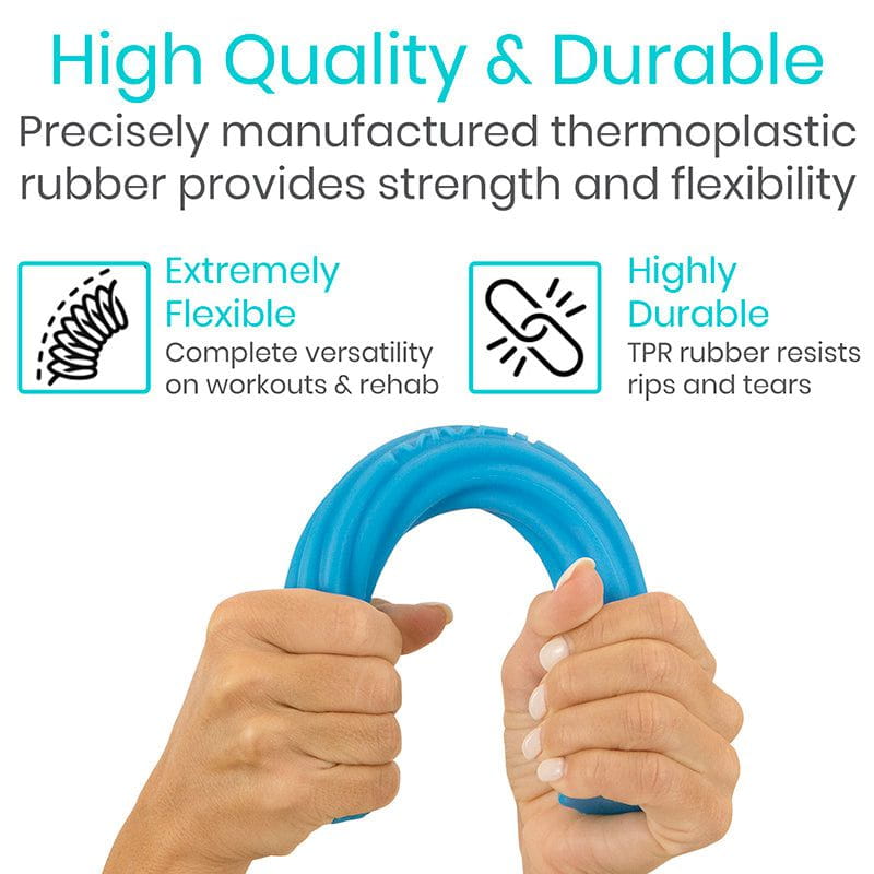 Blue resistance band held by hands with text about high quality and durability.