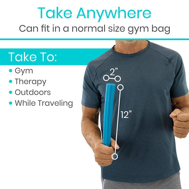 Person holding a blue strap with text indicating its versatility for gym, therapy, outdoors, and traveling.