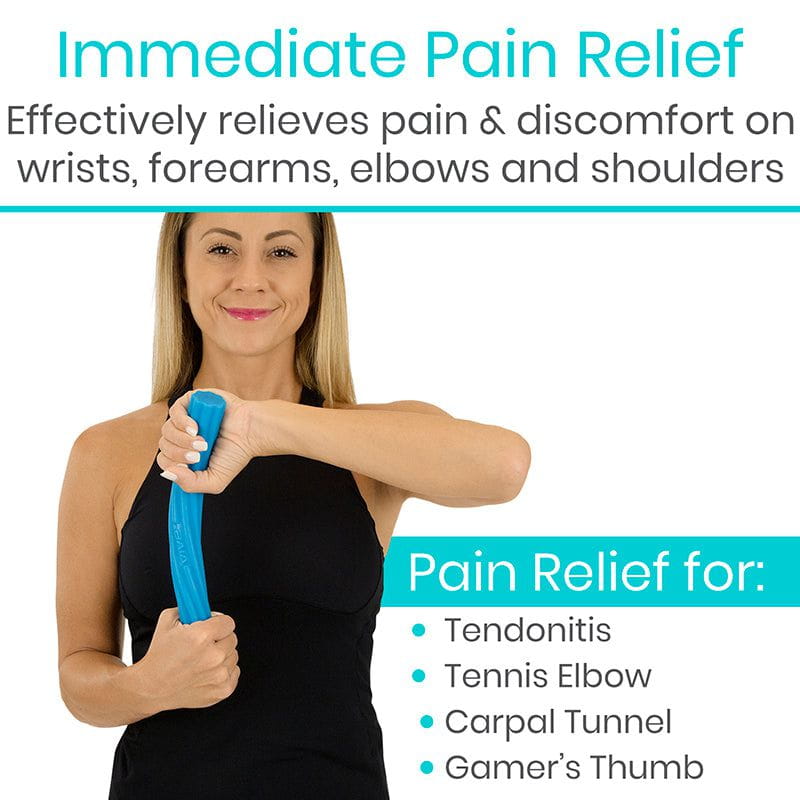 Woman using a blue wrist support device with text about immediate pain relief for wrists, forearms, elbows, and shoulders.