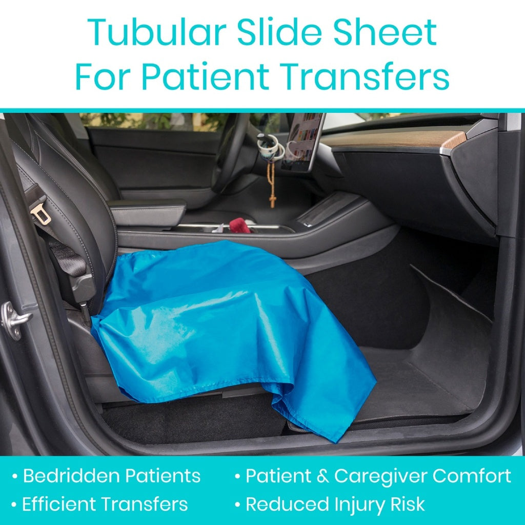 Blue tubular slide sheet on a car seat with text about patient transfers.