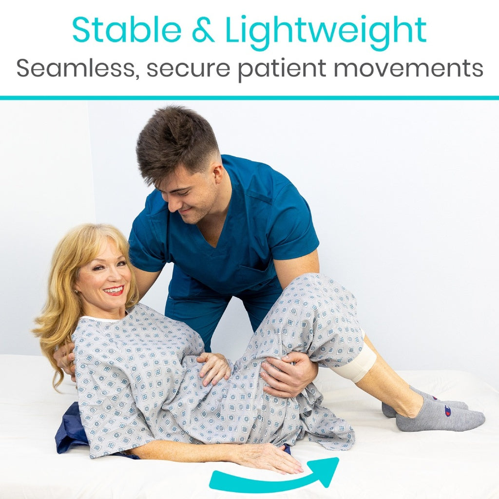 Person assisting a patient in a hospital gown with text about stable and lightweight patient movements.