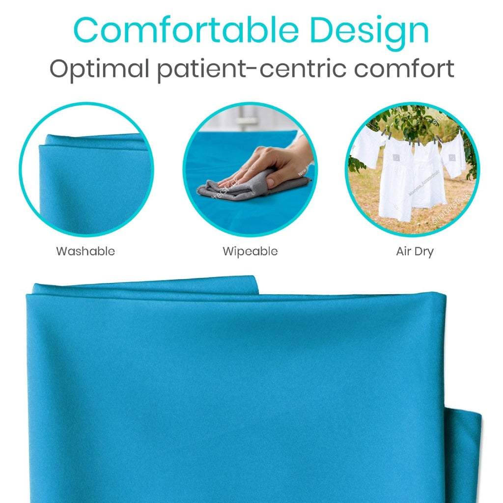 Blue fabric with text highlighting washability, wipeability, and air dryability.